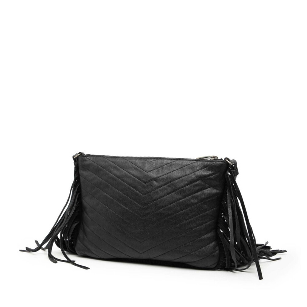 Saint Laurent YSL Logo Fringe Shoulder Bag 403396 Black Leather Women's SAINT... - Picture 2 of 7